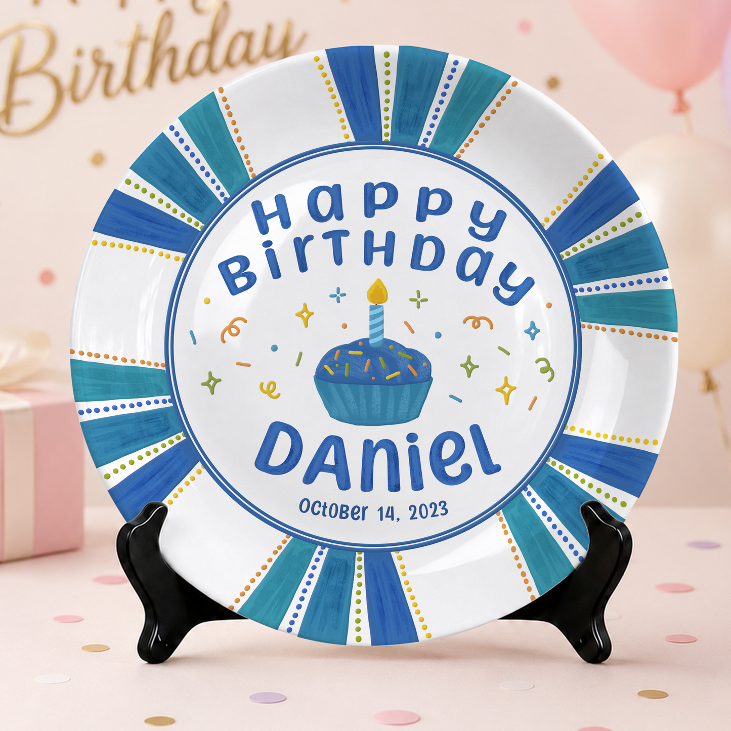 Blue Cupcake Birthday Keepsake Personalized Birthday Plate P72VHR0