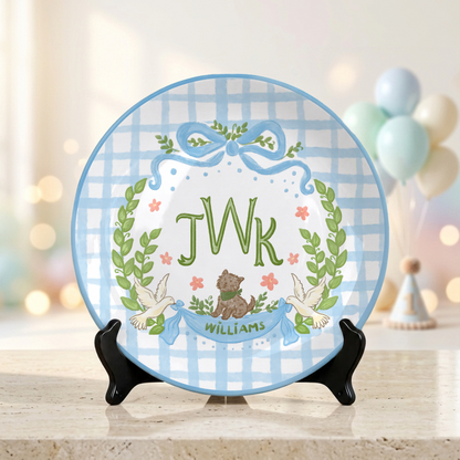Blue Gingham Monogram Personalized Baby Plate, Custom Initial Ceramic Keepsake P730SMX0