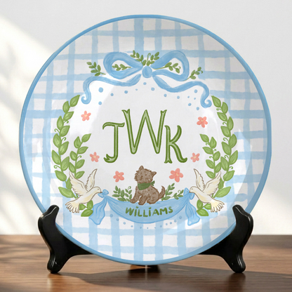Blue Gingham Monogram Personalized Baby Plate, Custom Initial Ceramic Keepsake P730SMX0