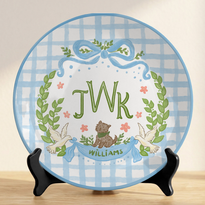 Blue Gingham Monogram Personalized Baby Plate, Custom Initial Ceramic Keepsake P730SMX0