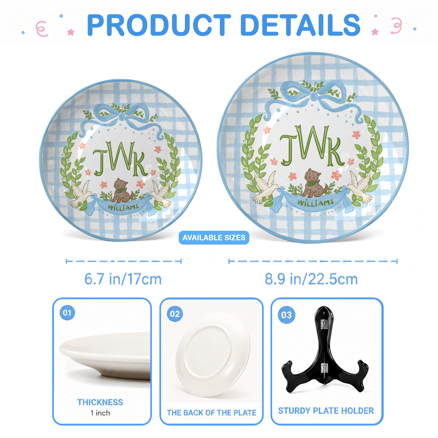 Blue Gingham Monogram Personalized Baby Plate, Custom Initial Ceramic Keepsake P730SMX0