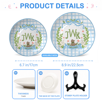 Blue Gingham Monogram Personalized Baby Plate, Custom Initial Ceramic Keepsake P730SMX0