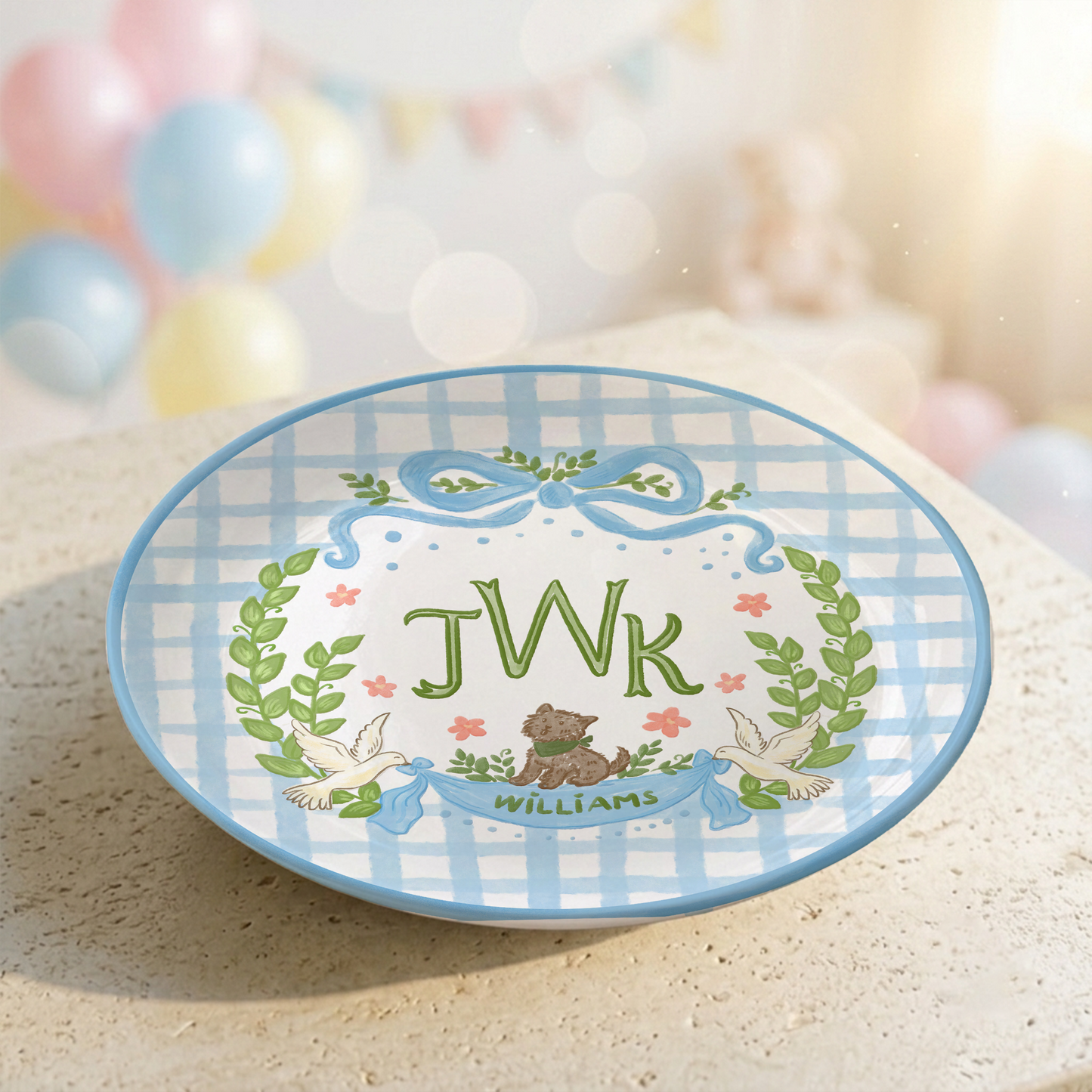 Blue Gingham Monogram Personalized Baby Plate, Custom Initial Ceramic Keepsake P730SMX0