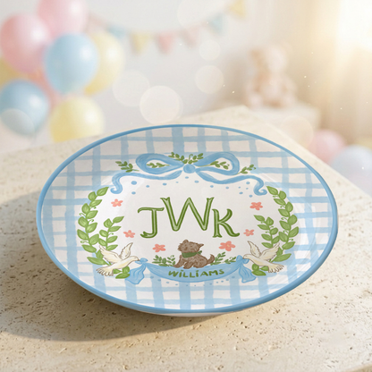Blue Gingham Monogram Personalized Baby Plate, Custom Initial Ceramic Keepsake P730SMX0