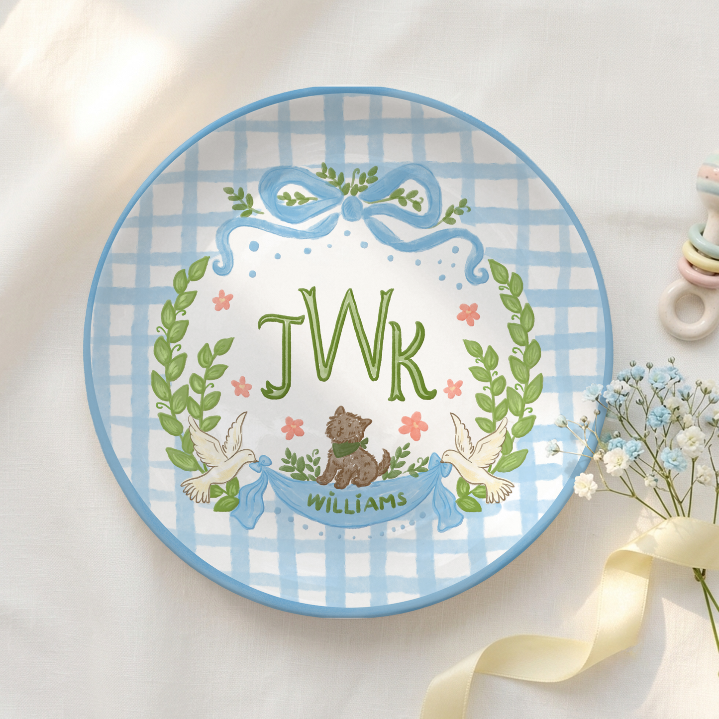 Blue Gingham Monogram Personalized Baby Plate, Custom Initial Ceramic Keepsake P730SMX0