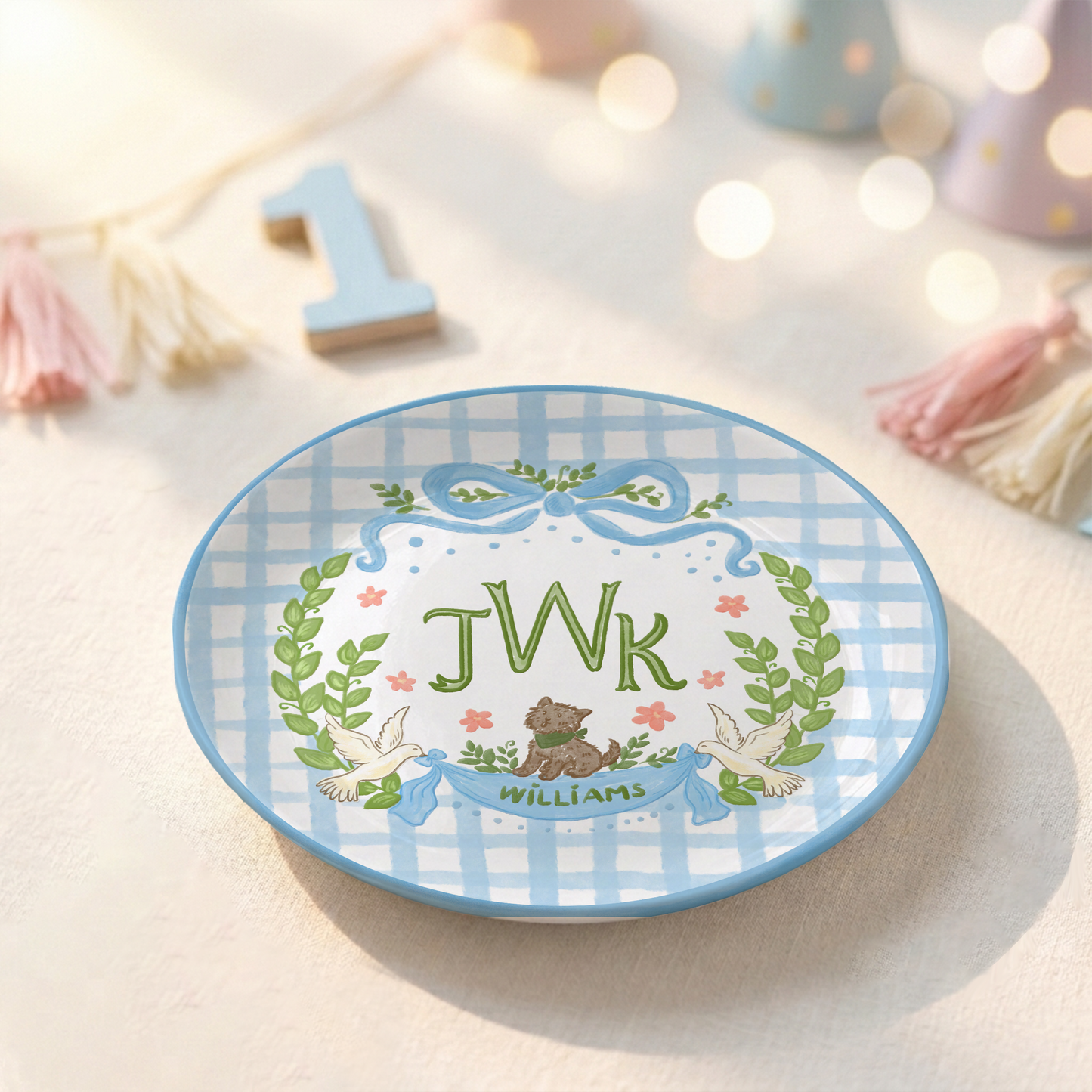 Blue Gingham Monogram Personalized Baby Plate, Custom Initial Ceramic Keepsake P730SMX0