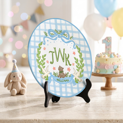 Blue Gingham Monogram Personalized Baby Plate, Custom Initial Ceramic Keepsake P730SMX0