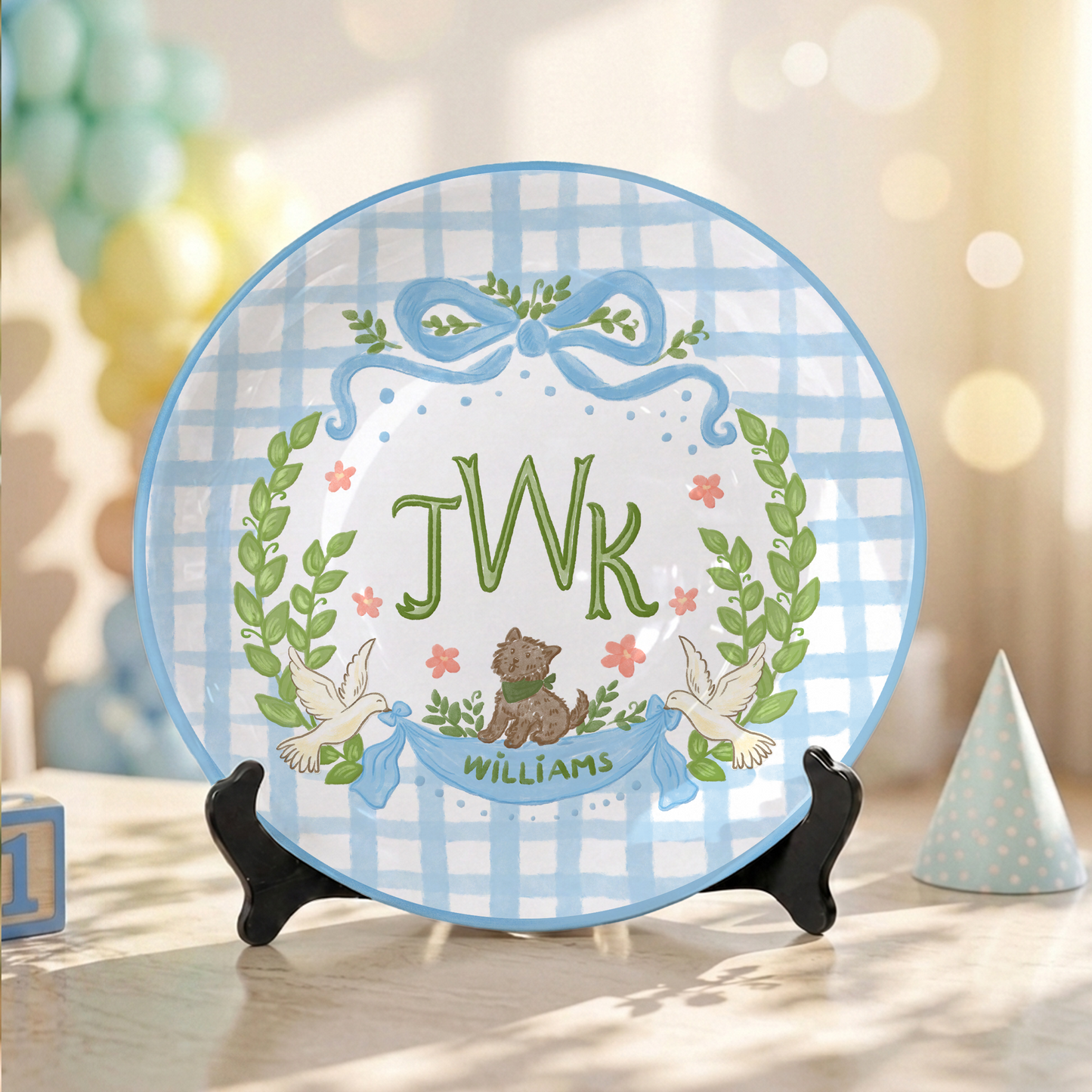 Blue Gingham Monogram Personalized Baby Plate, Custom Initial Ceramic Keepsake P730SMX0