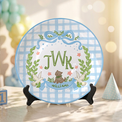 Blue Gingham Monogram Personalized Baby Plate, Custom Initial Ceramic Keepsake P730SMX0