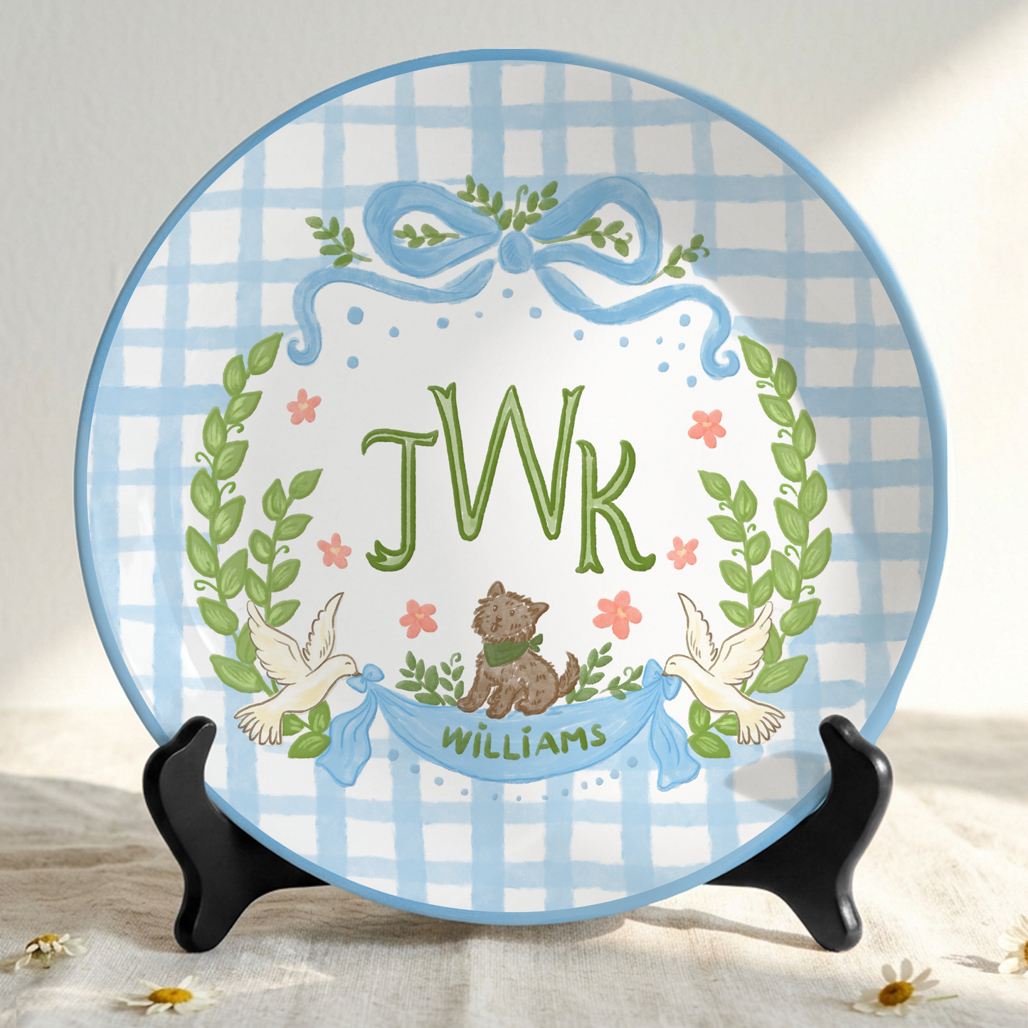 Blue Gingham Monogram Personalized Baby Plate, Custom Initial Ceramic Keepsake P730SMX0