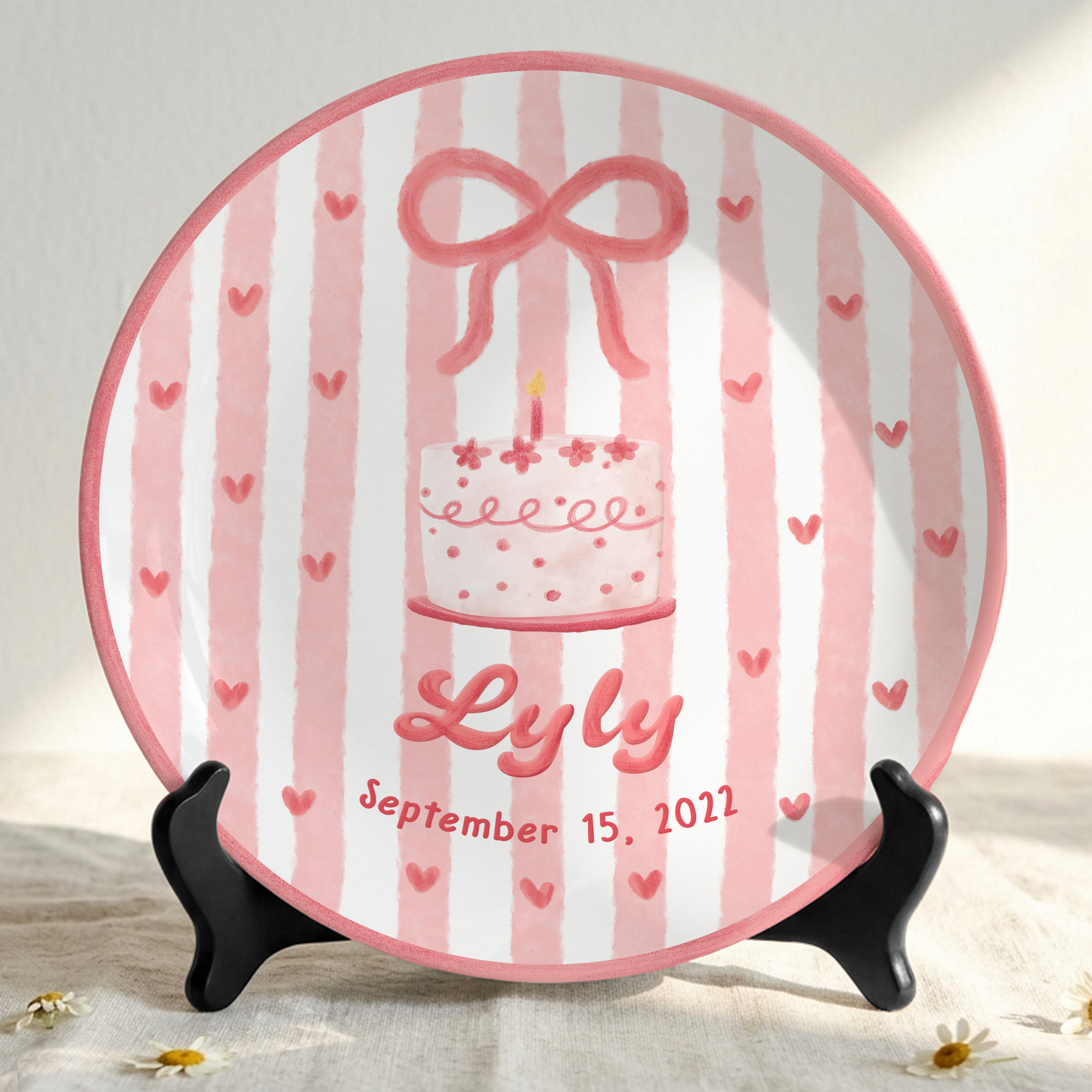 Pink Bow Personalized Birthday Plate for Kids Custom Ceramic Keepsake Gift P731THN0