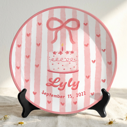 Pink Bow Personalized Birthday Plate for Kids Custom Ceramic Keepsake Gift P731THN0