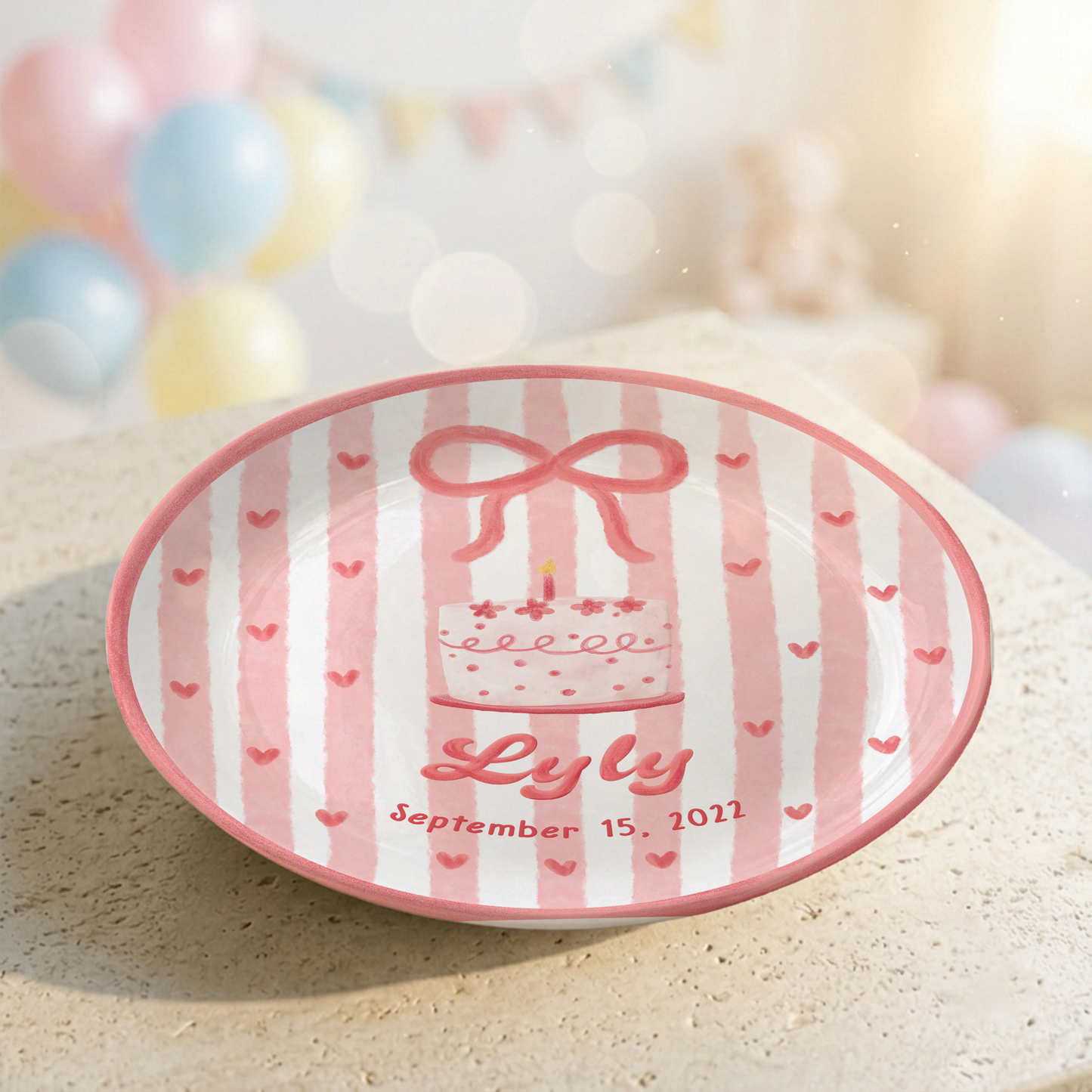 Pink Bow Personalized Birthday Plate for Kids Custom Ceramic Keepsake Gift P731THN0