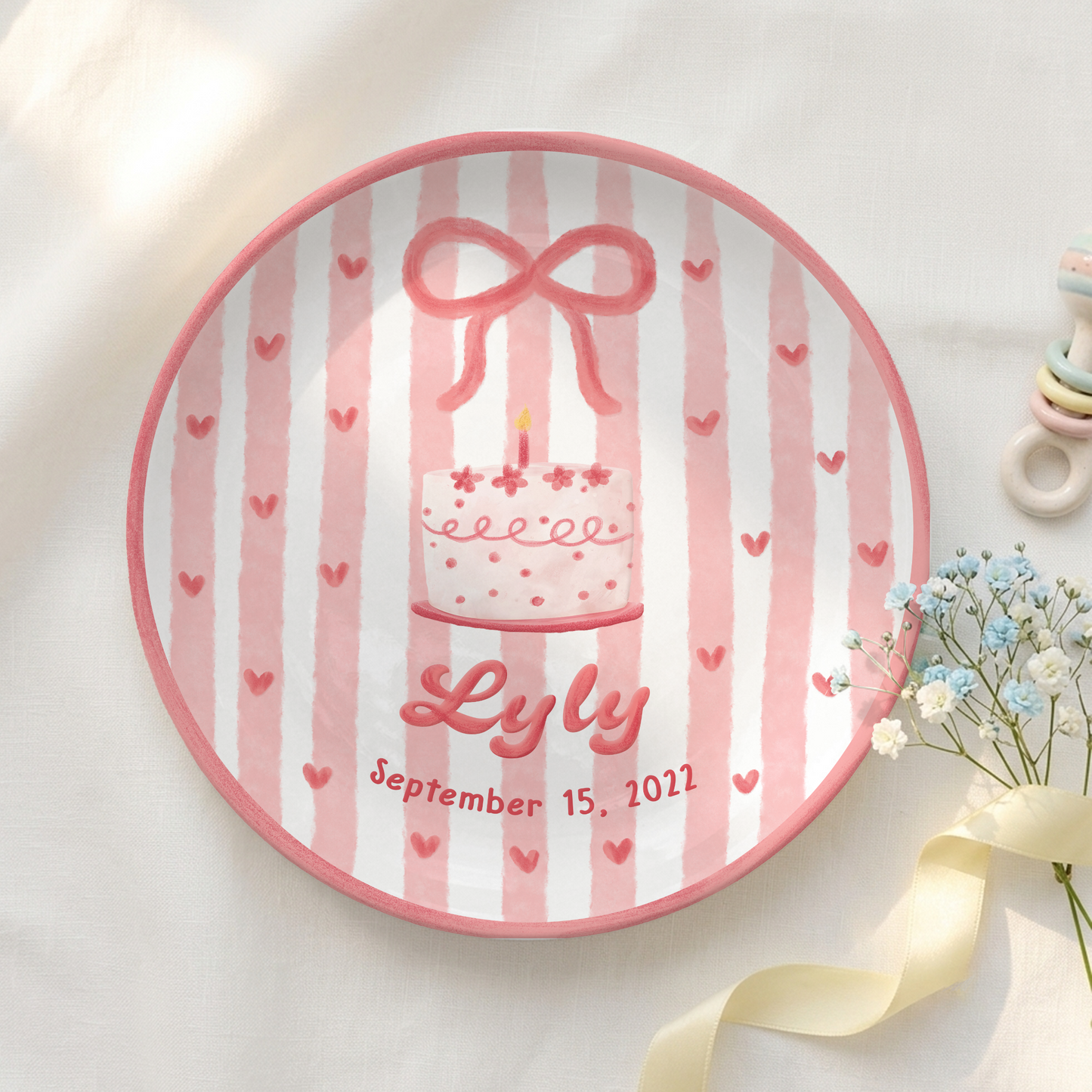 Pink Bow Personalized Birthday Plate for Kids Custom Ceramic Keepsake Gift P731THN0