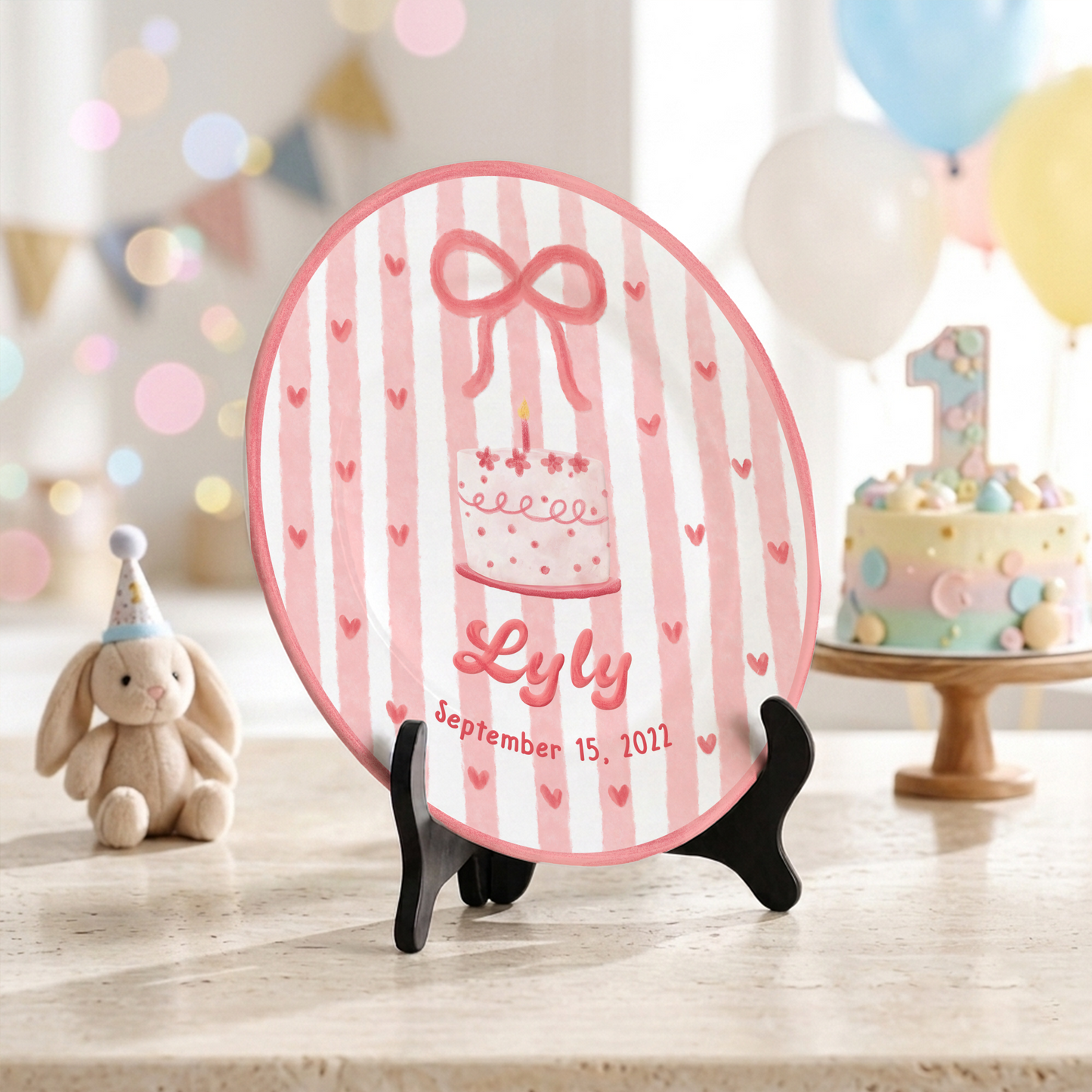 Pink Bow Personalized Birthday Plate for Kids Custom Ceramic Keepsake Gift P731THN0