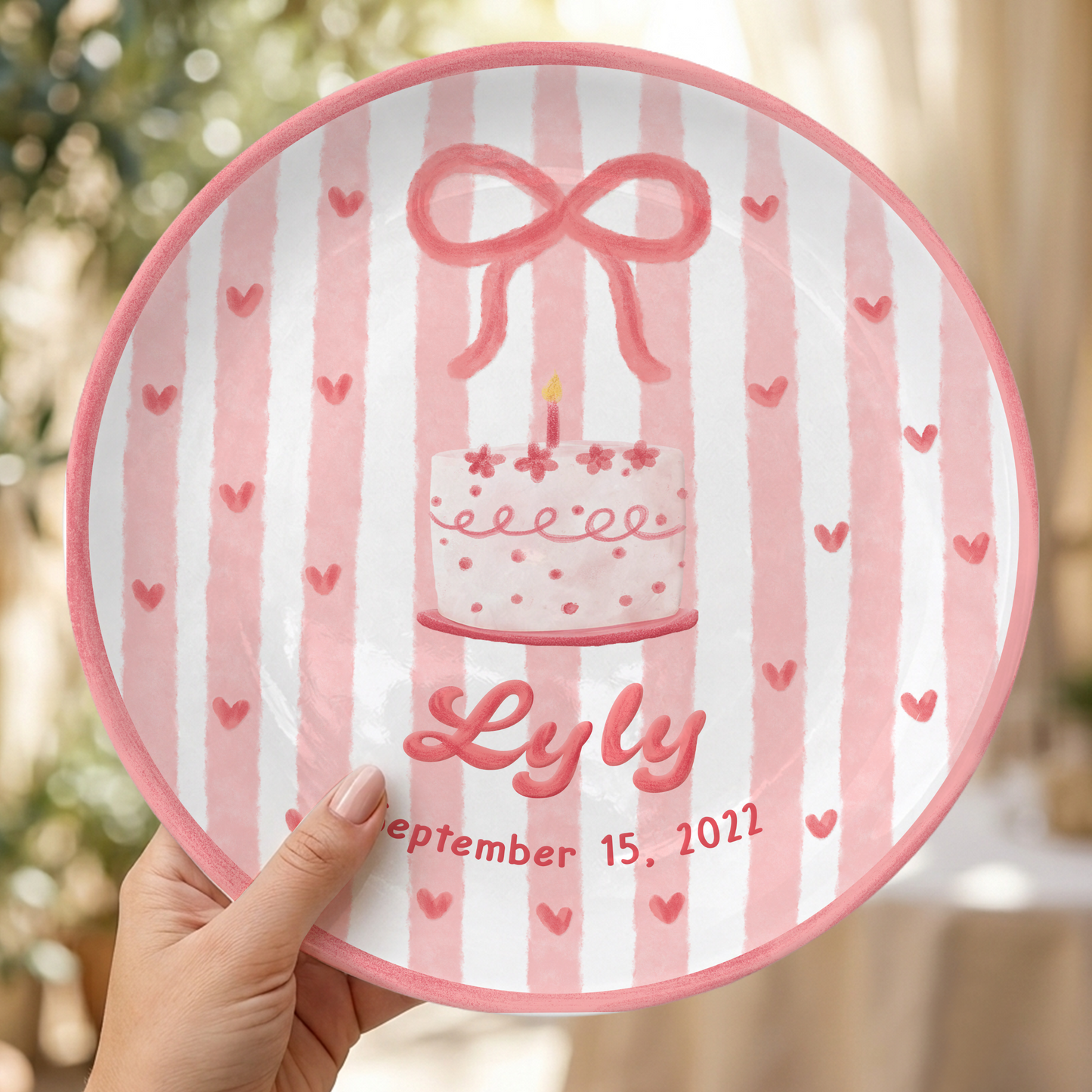 Pink Bow Personalized Birthday Plate for Kids Custom Ceramic Keepsake Gift P731THN0