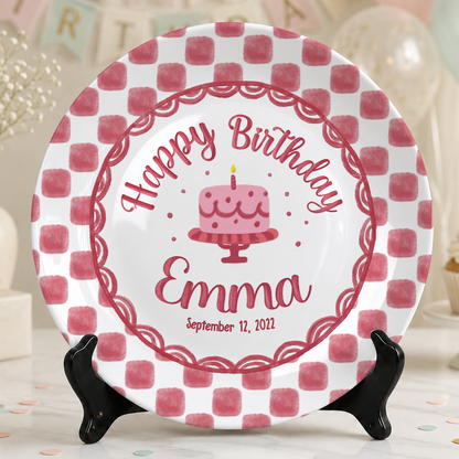 Pink Gingham Birthday Cake Keepsake Personalized Birthday Plate Gift P731X850