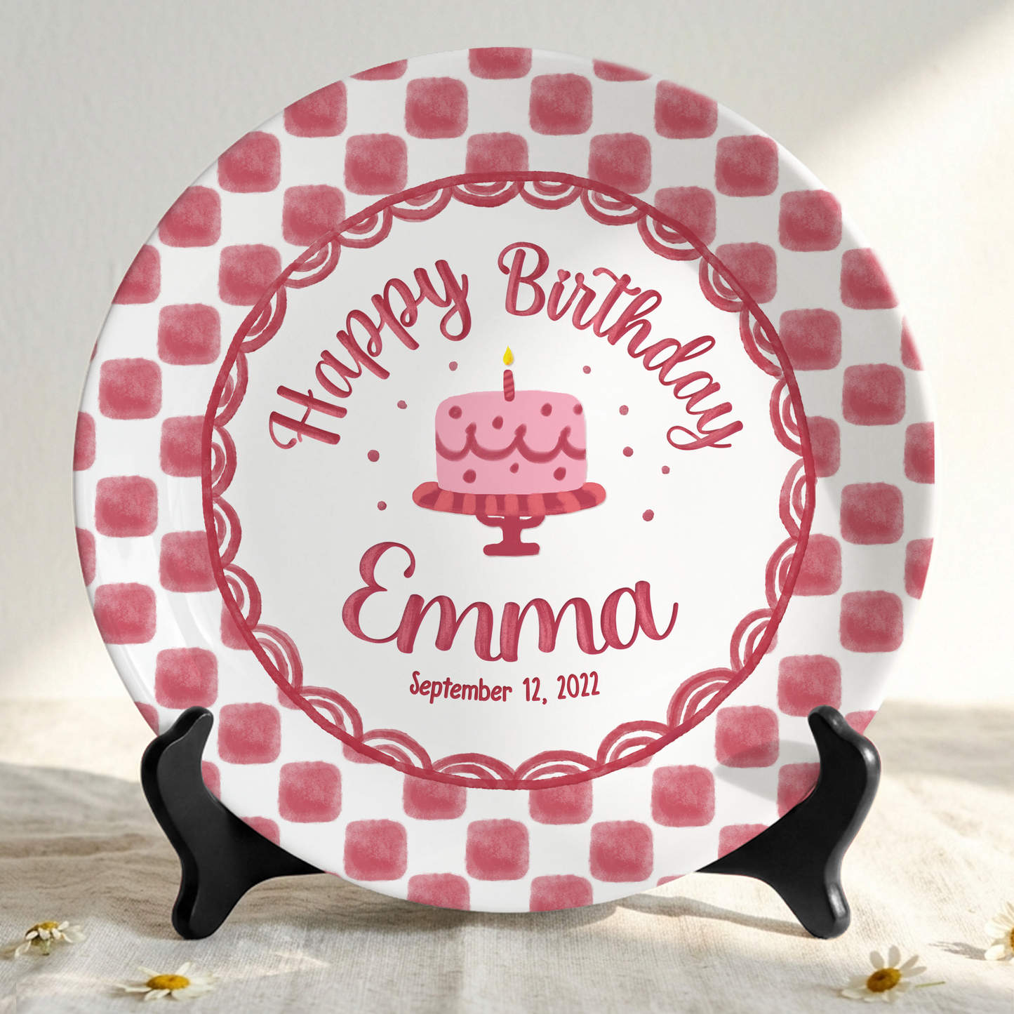 Pink Gingham Birthday Cake Keepsake Personalized Birthday Plate Gift P731X850