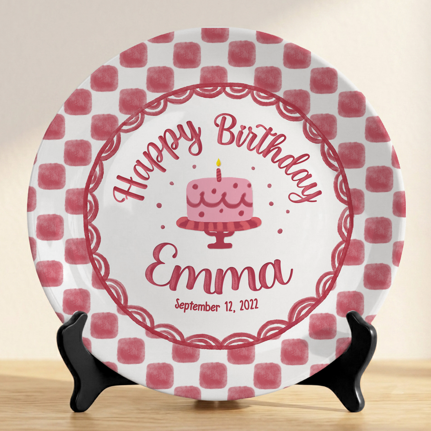 Pink Gingham Birthday Cake Keepsake Personalized Birthday Plate Gift P731X850