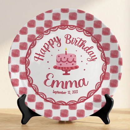 Pink Gingham Birthday Cake Keepsake Personalized Birthday Plate Gift P731X850