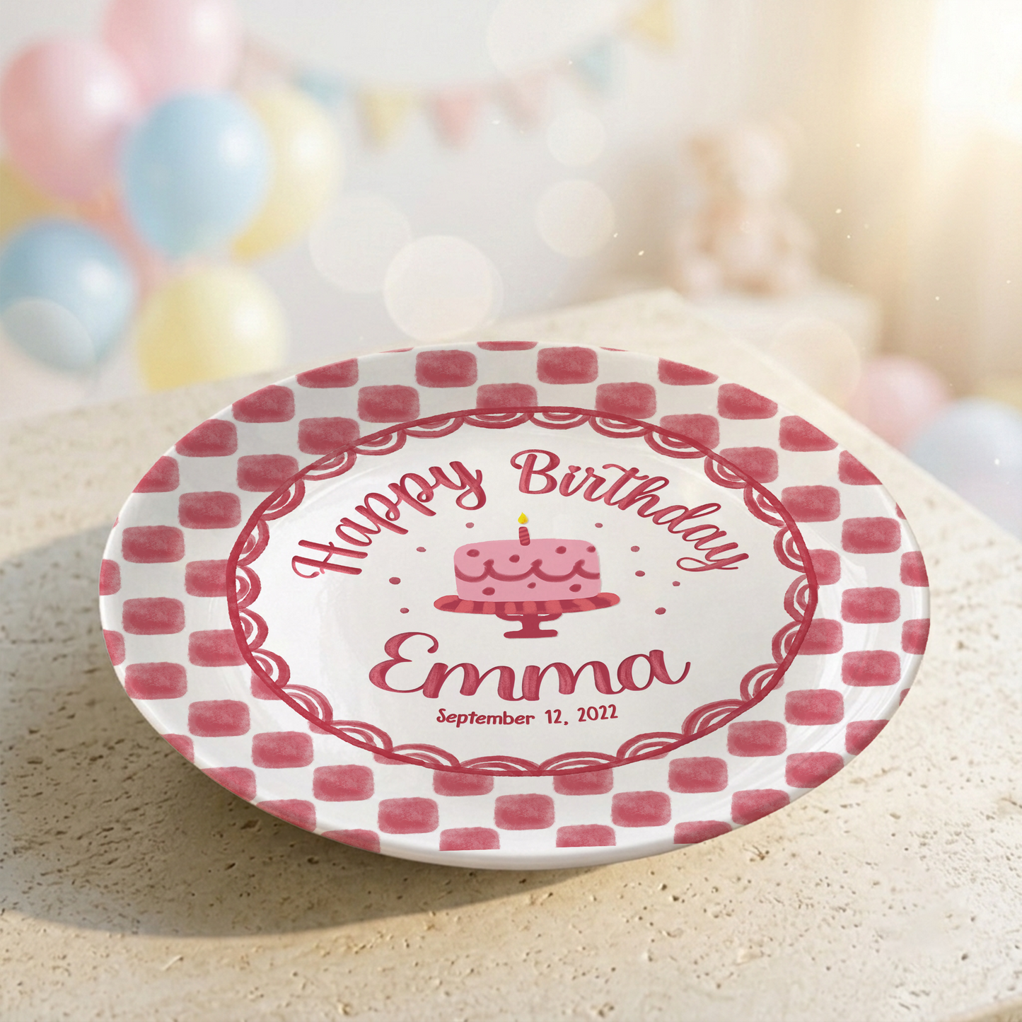 Pink Gingham Birthday Cake Keepsake Personalized Birthday Plate Gift P731X850