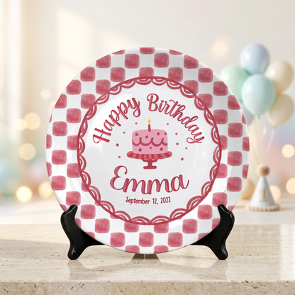 Pink Gingham Birthday Cake Keepsake Personalized Birthday Plate Gift P731X850