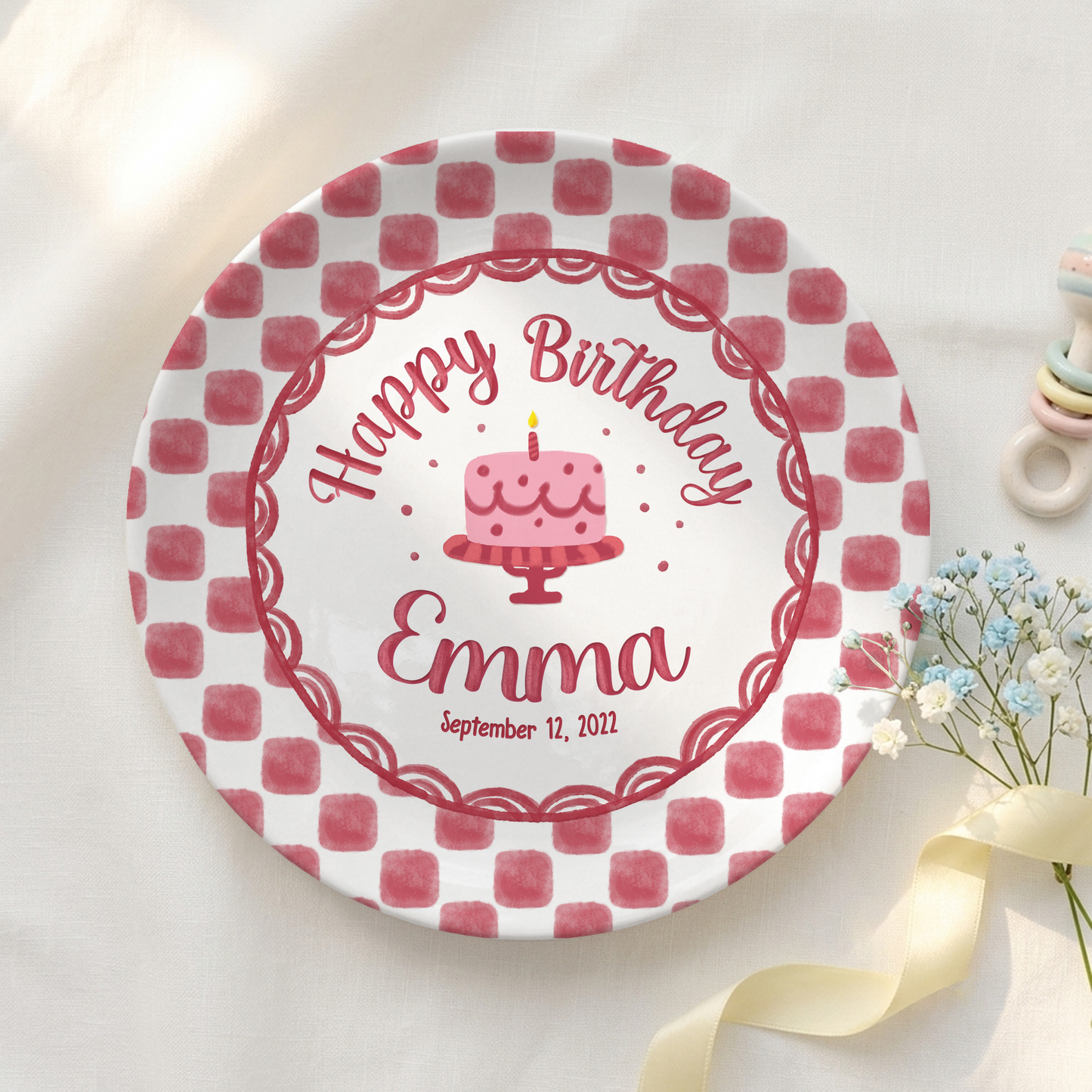 Pink Gingham Birthday Cake Keepsake Personalized Birthday Plate Gift P731X850
