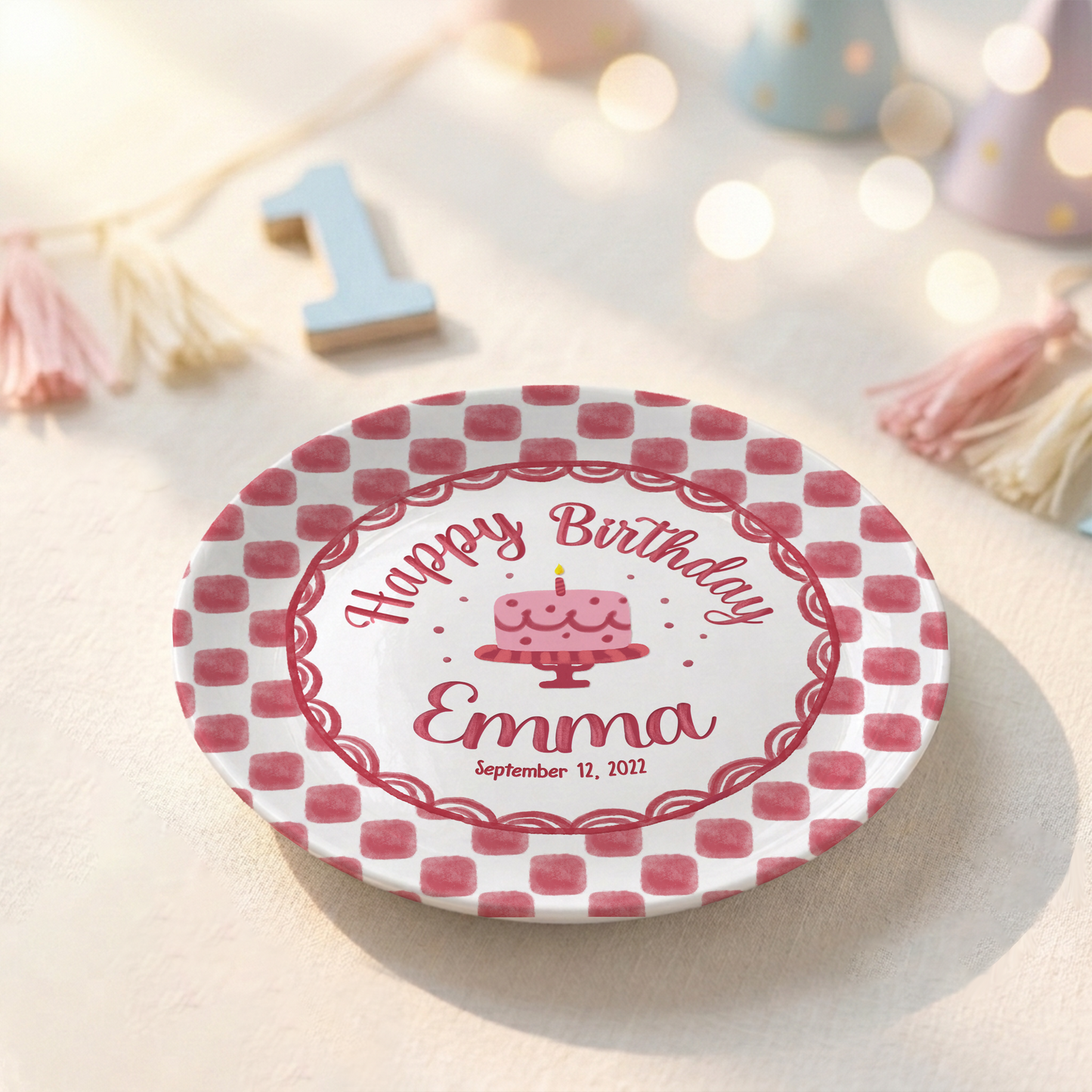 Pink Gingham Birthday Cake Keepsake Personalized Birthday Plate Gift P731X850