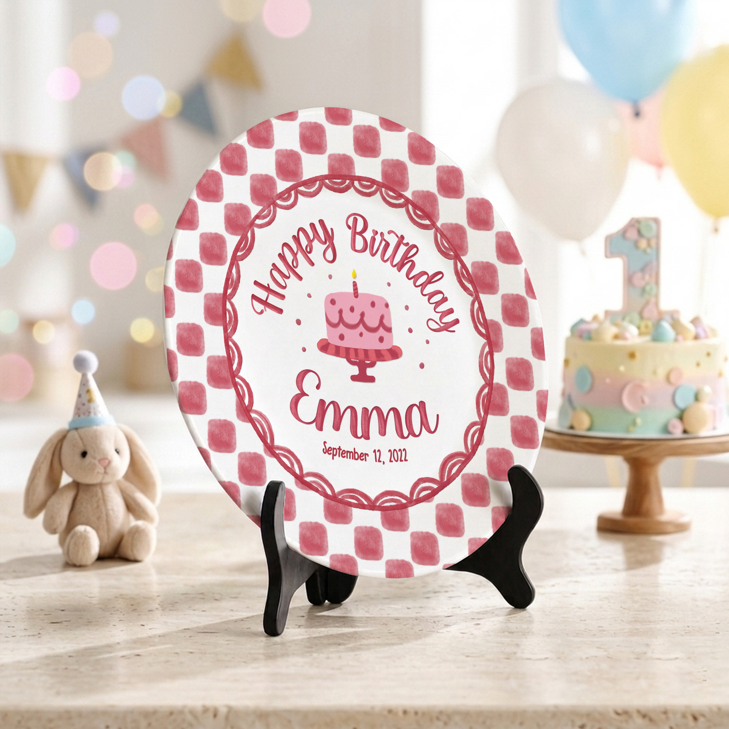 Pink Gingham Birthday Cake Keepsake Personalized Birthday Plate Gift P731X850