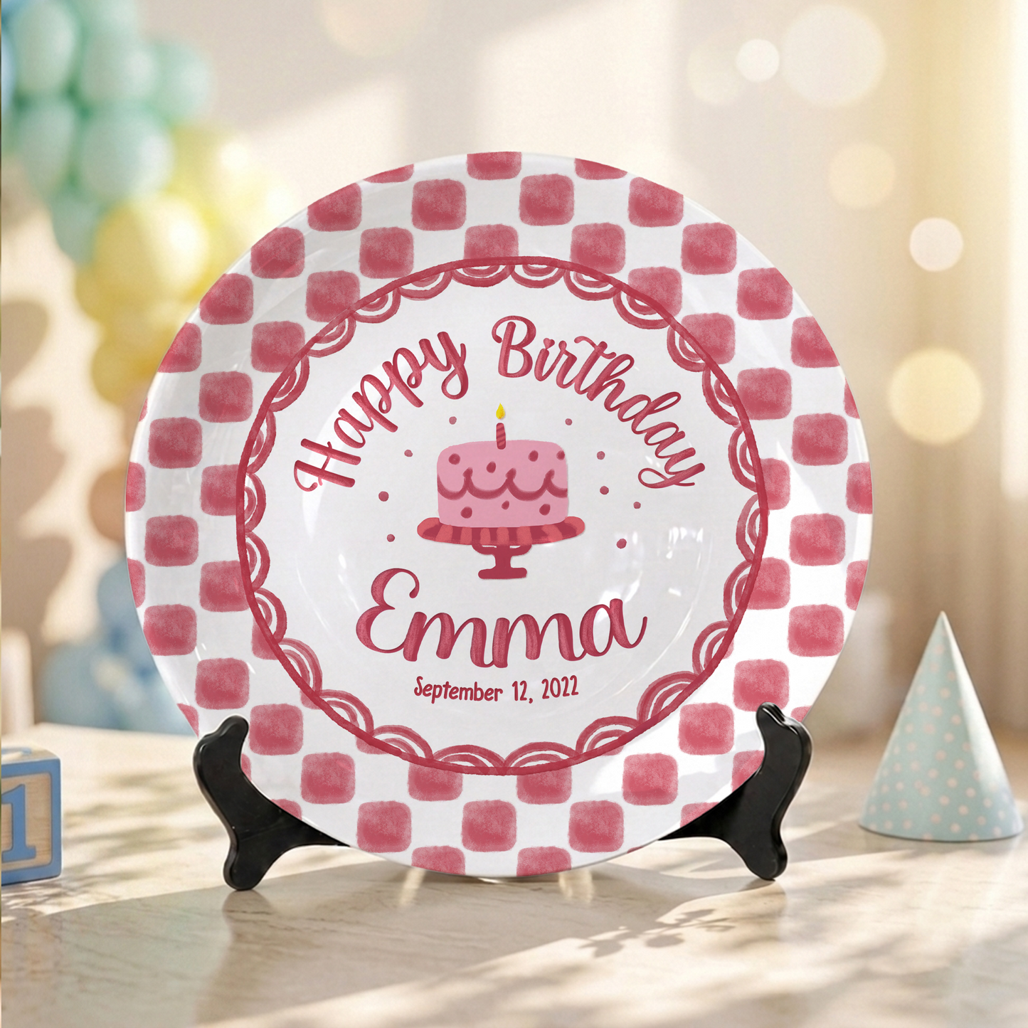 Pink Gingham Birthday Cake Keepsake Personalized Birthday Plate Gift P731X850