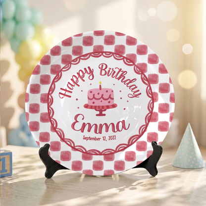 Pink Gingham Birthday Cake Keepsake Personalized Birthday Plate Gift P731X850