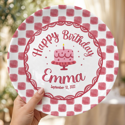 Pink Gingham Birthday Cake Keepsake Personalized Birthday Plate Gift P731X850