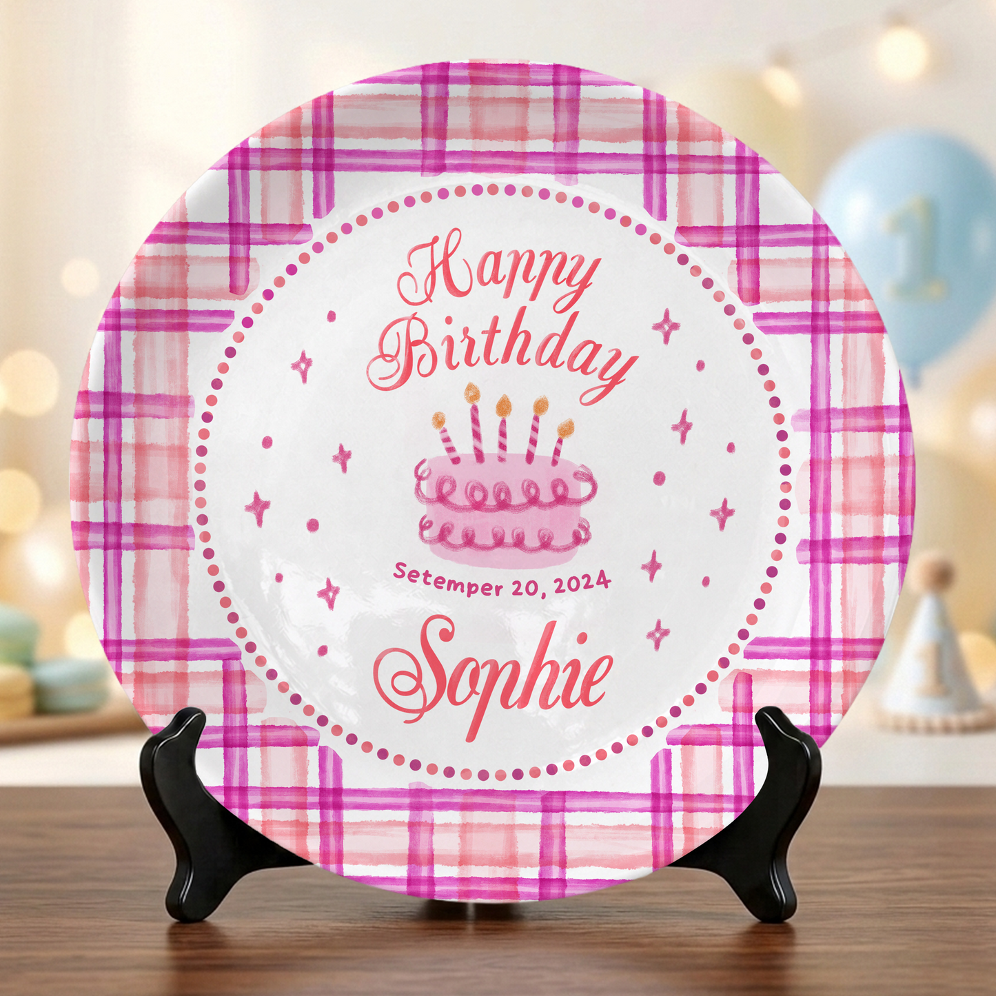 Pink Plaid Girl Custom Name Cake Keepsake Personalized Birthday Plate P813HFL0
