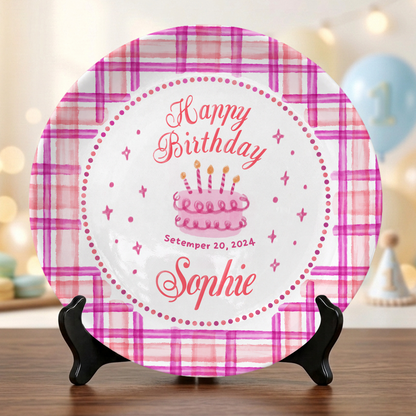 Pink Plaid Girl Custom Name Cake Keepsake Personalized Birthday Plate P813HFL0
