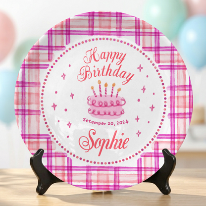 Pink Plaid Girl Custom Name Cake Keepsake Personalized Birthday Plate P813HFL0