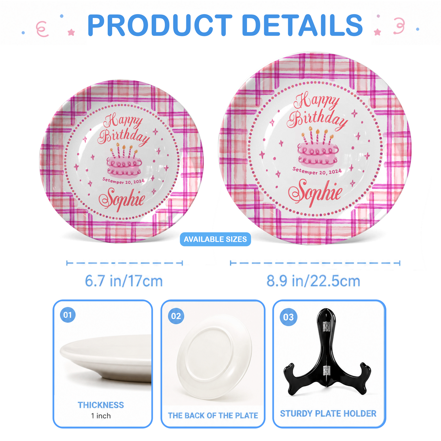 Pink Plaid Girl Custom Name Cake Keepsake Personalized Birthday Plate P813HFL0