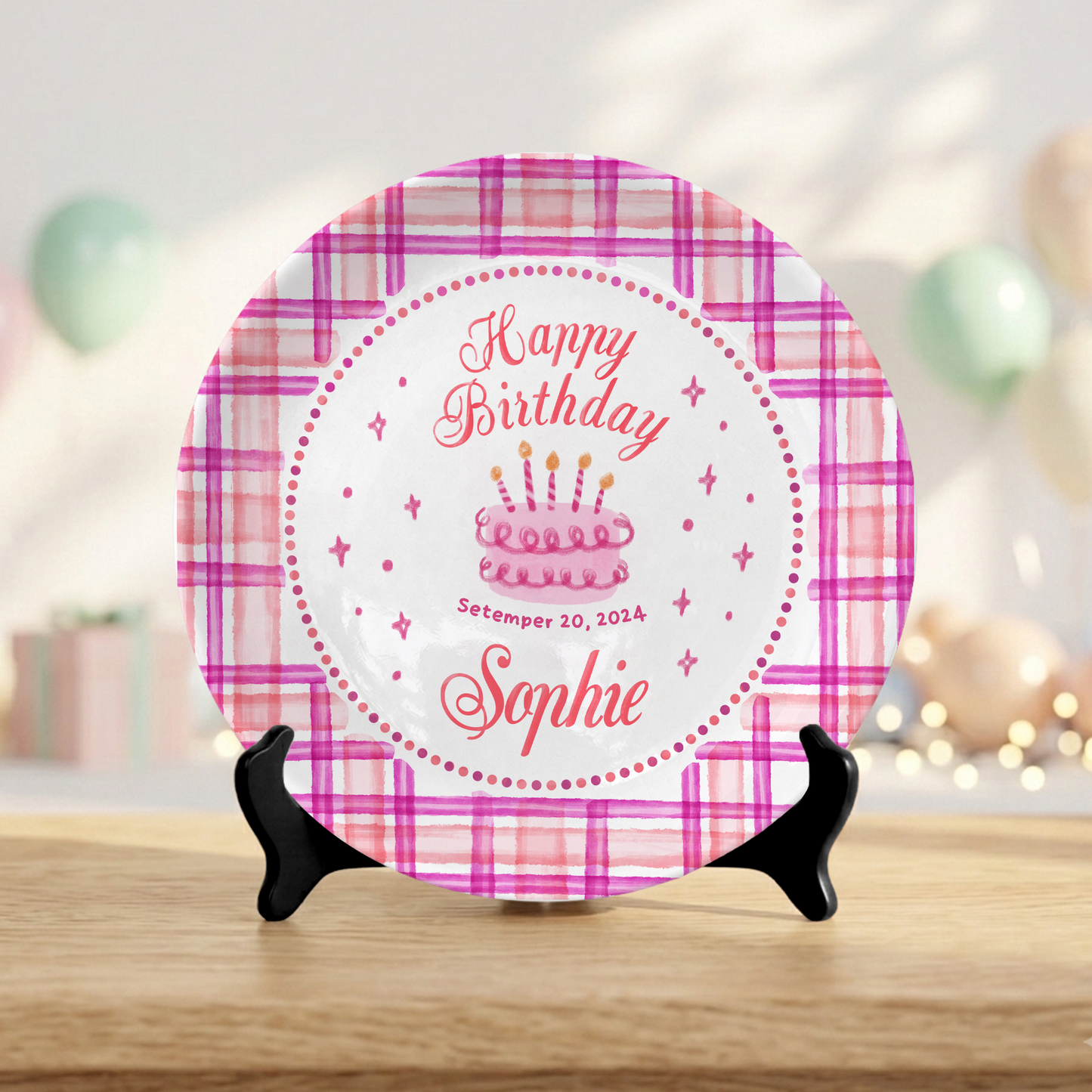 Pink Plaid Girl Custom Name Cake Keepsake Personalized Birthday Plate P813HFL0