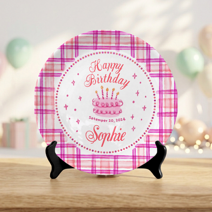 Pink Plaid Girl Custom Name Cake Keepsake Personalized Birthday Plate P813HFL0