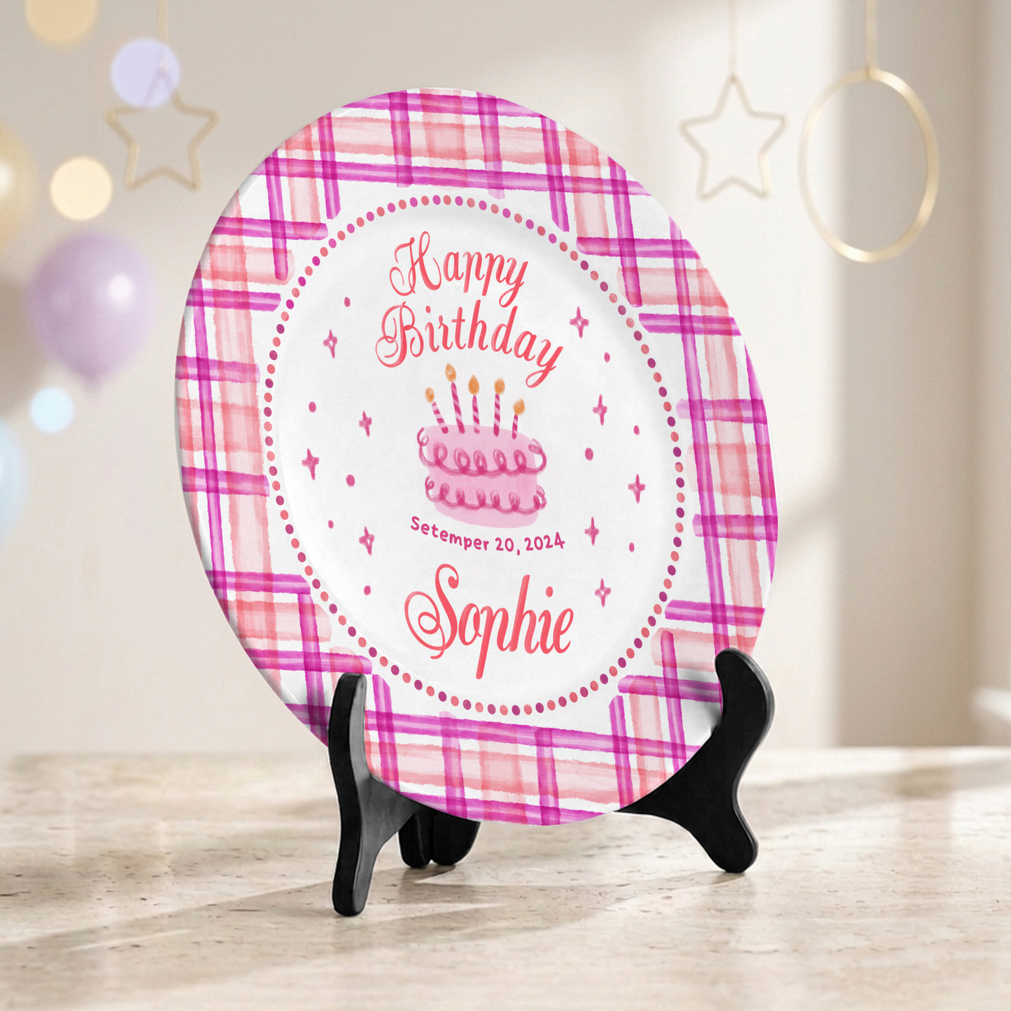 Pink Plaid Girl Custom Name Cake Keepsake Personalized Birthday Plate P813HFL0
