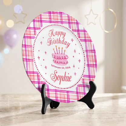 Pink Plaid Girl Custom Name Cake Keepsake Personalized Birthday Plate P813HFL0