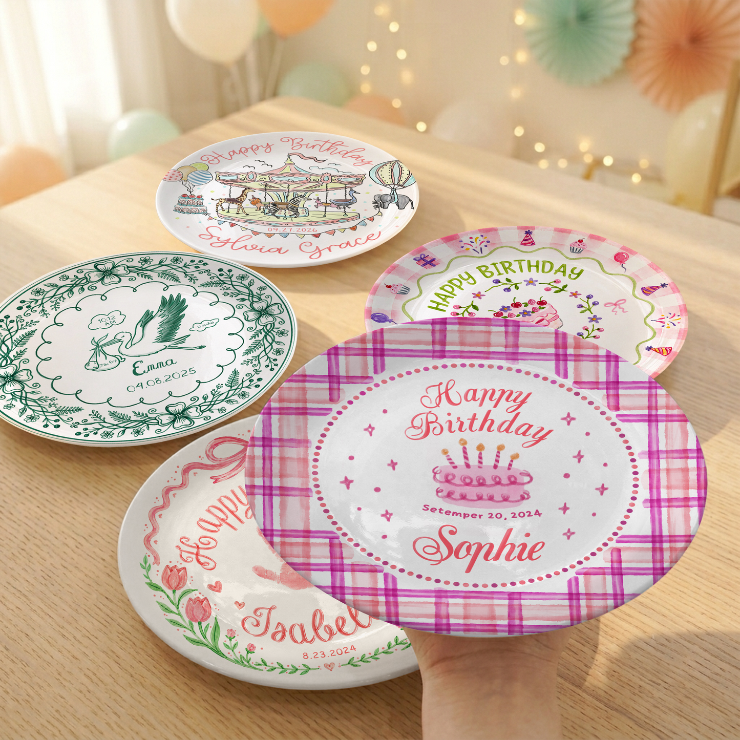 Pink Plaid Girl Custom Name Cake Keepsake Personalized Birthday Plate P813HFL0