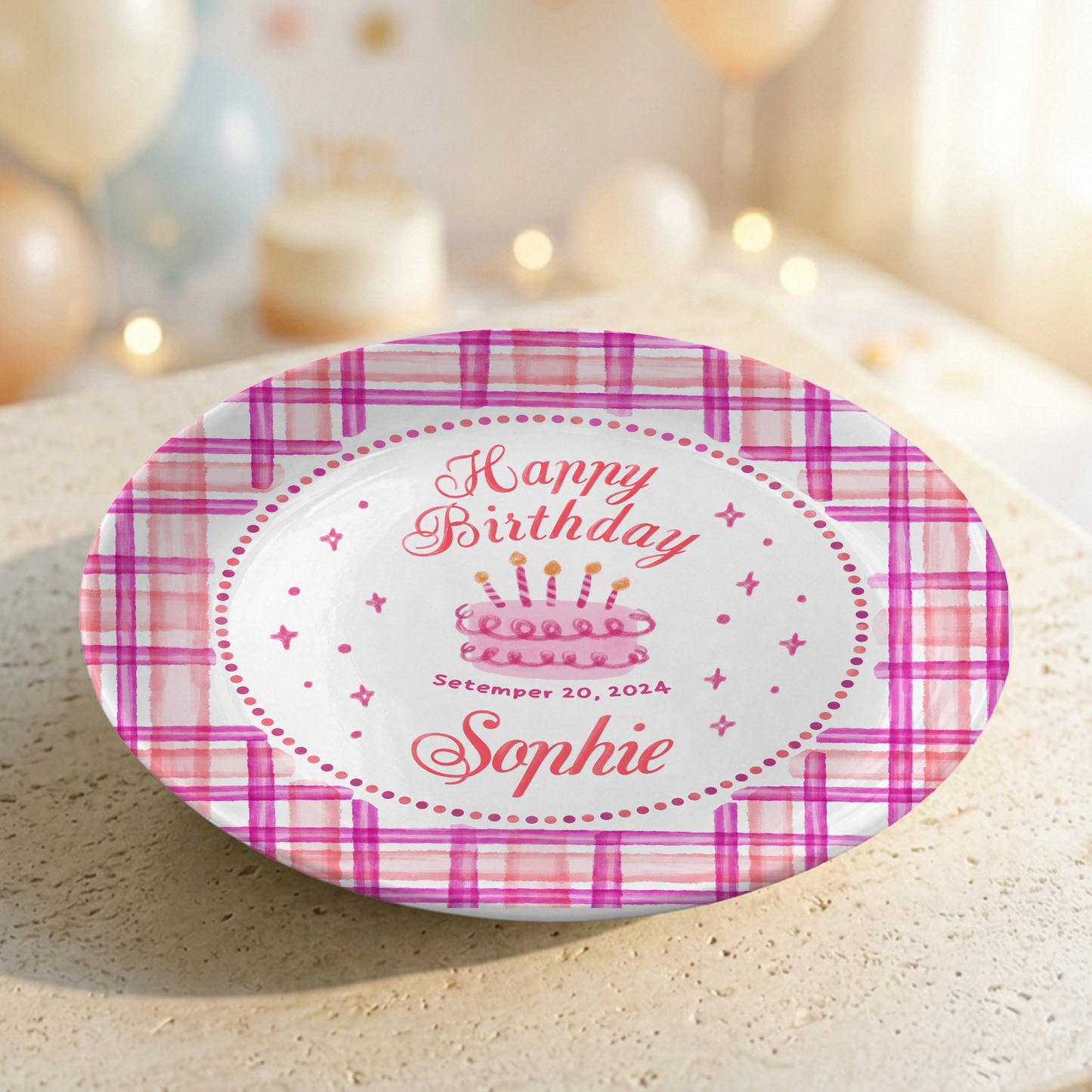Pink Plaid Girl Custom Name Cake Keepsake Personalized Birthday Plate P813HFL0
