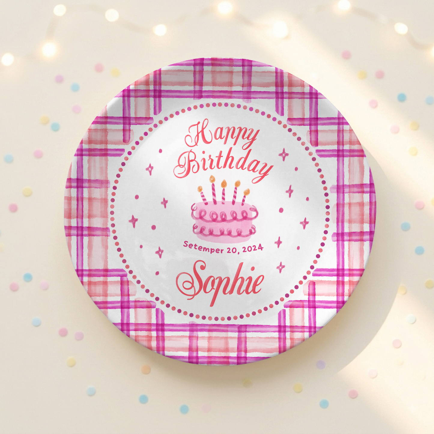 Pink Plaid Girl Custom Name Cake Keepsake Personalized Birthday Plate P813HFL0