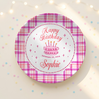 Pink Plaid Girl Custom Name Cake Keepsake Personalized Birthday Plate P813HFL0