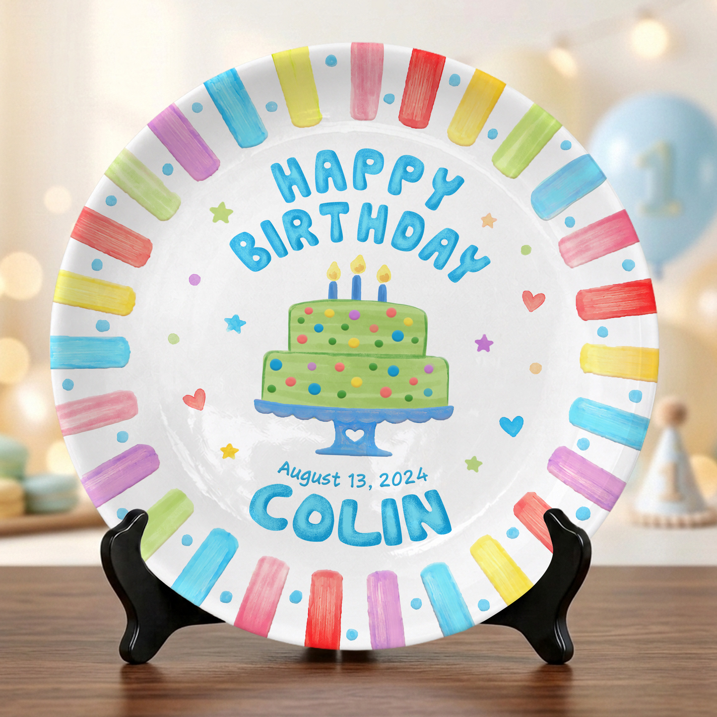 Colorful Rainbow Cake Kids Party Gift Keepsake Personalized Birthday Plate P814NZN0