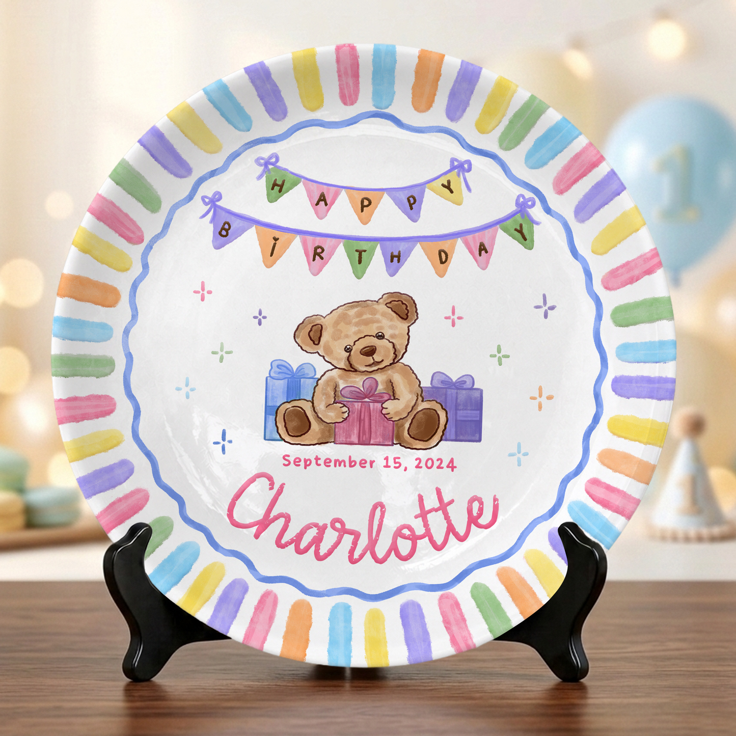 Teddy Bear First Birthday Custom Name Keepsake Personalized Birthday Plate P820QIM0