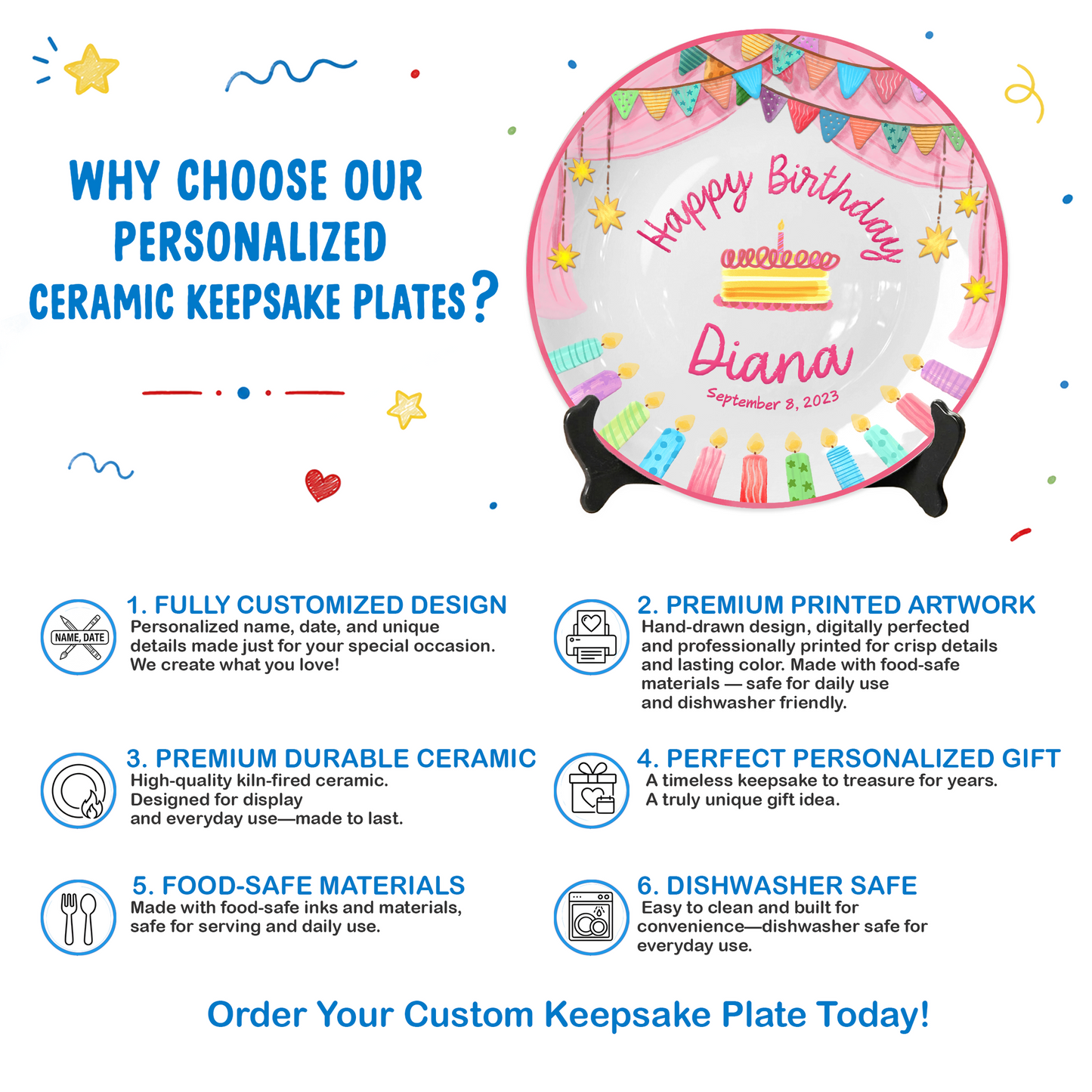 Colorful Cake Keepsake Custom Name Ceramic Personalized Birthday Plate P8210SF0