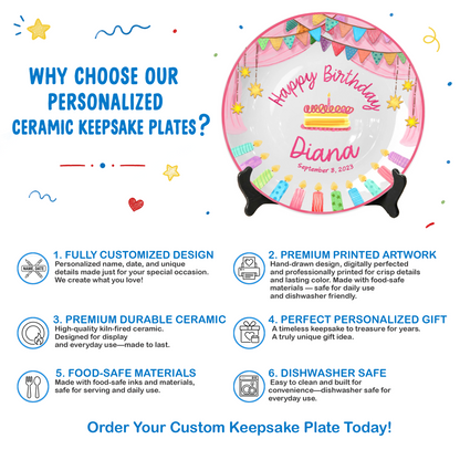 Colorful Cake Keepsake Custom Name Ceramic Personalized Birthday Plate P8210SF0
