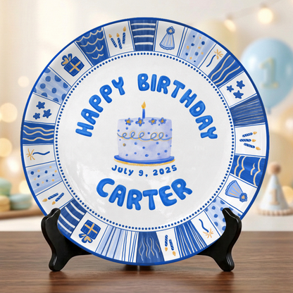 Blue Cake Keepsake Boys Custom Name Ceramic Personalized Birthday Plate P8210WG0