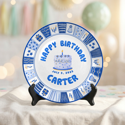 Blue Cake Keepsake Boys Custom Name Ceramic Personalized Birthday Plate P8210WG0